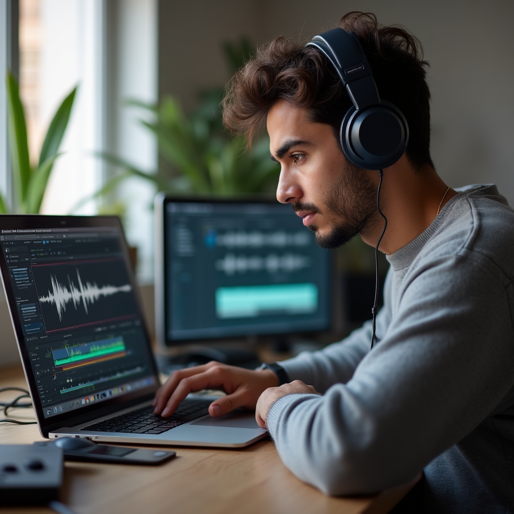 Arbeitsplatz mit Kopfhörern während einer Tonbearbeitung am Laptop