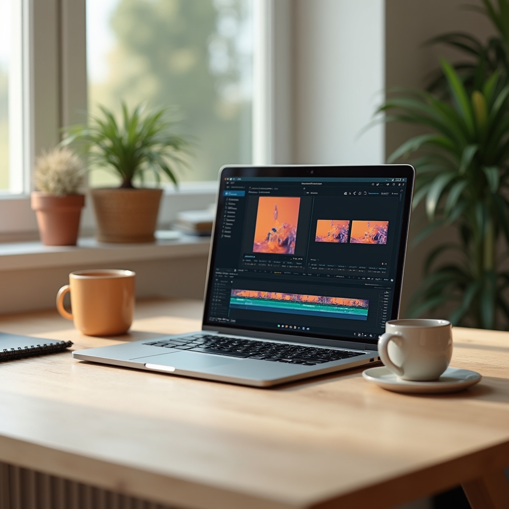 Aufgeräumter Schreibtisch mit Laptop und Videoschnitt-Software im Vorschaufenster