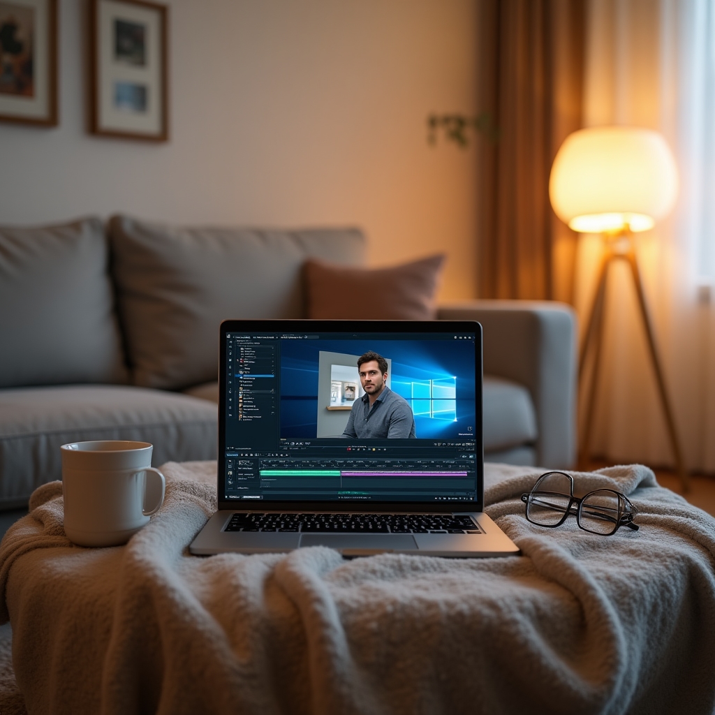 Laptop mit Videoschnitt-Projekt auf einem Wohnzimmertisch
