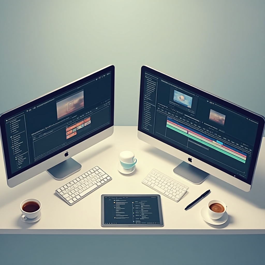 Schreibtisch mit mehreren geöffneten Fenstern verschiedener Videoschnitt-Programme auf einem Monitor