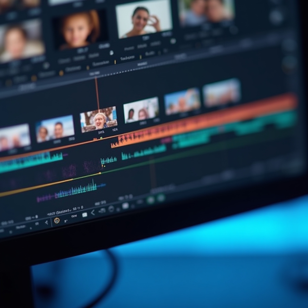 Nahaufnahme einer Videoschnitt-Zeitleiste mit mehreren Clip-Spuren